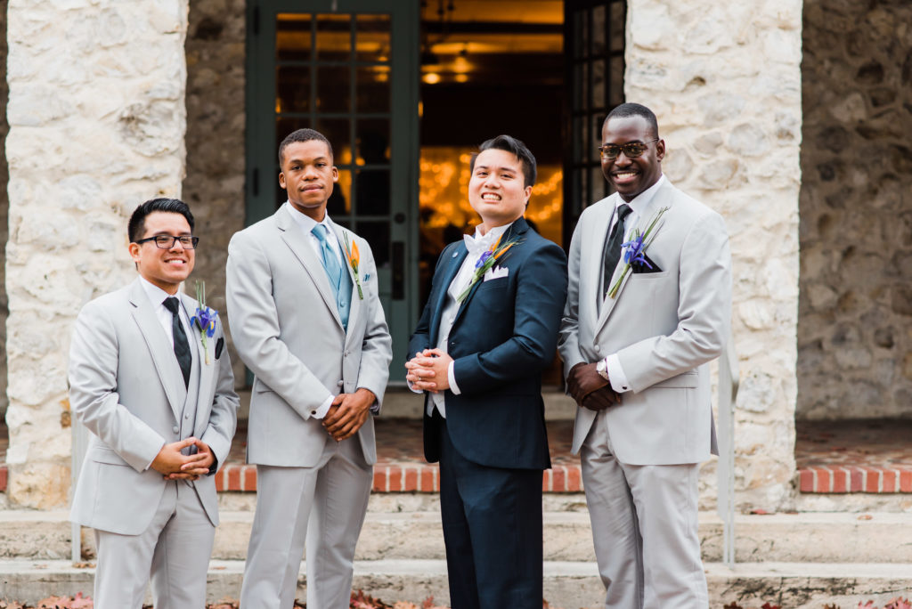 portrait of Groom and groomsmen outside of the Alachua Woman's Club in Florida 
Photo by: Black Tie & Co. (www.btcweddings.com)