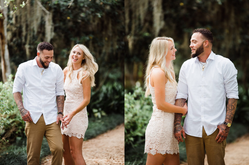 couple laughs and enjoys taking engagement photos together at the gardens at washington oaks state park
photo by Chabeli Woolsey of Black Tie & Co www.btcweddings.com