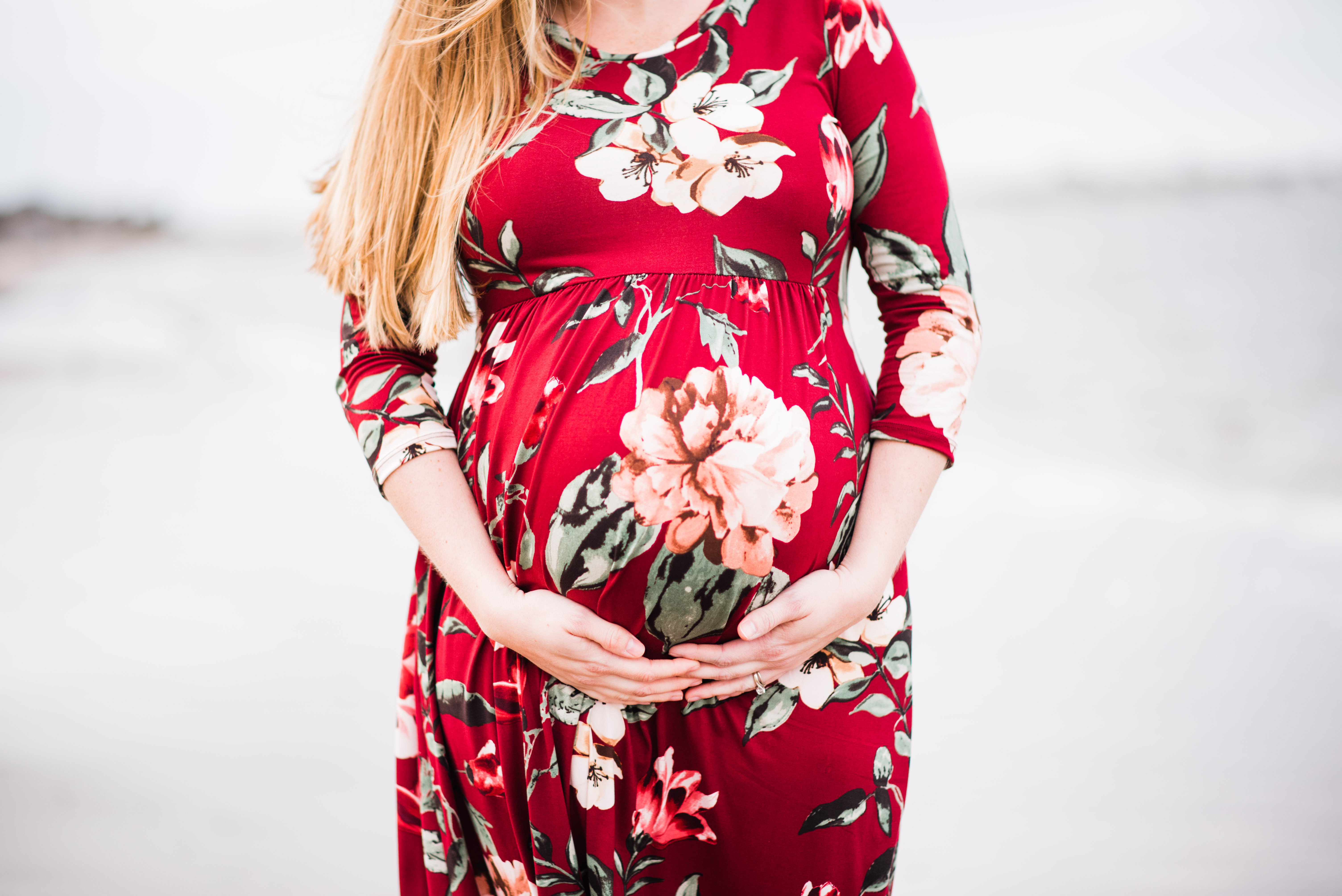 Red Maternity Dress at beach maternity session